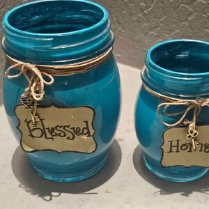 Teal Painted Decorative Mason Jars Set of 2 'Blessed Home'